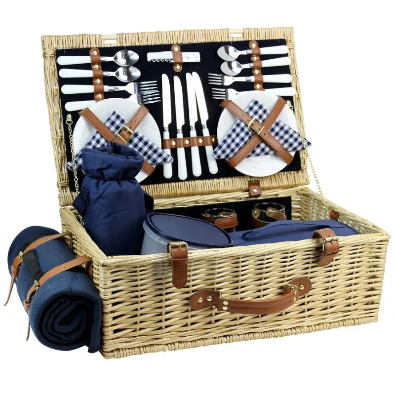 4 Person Natural Wicker Picnic Hamper Basket Deluxe Service Set