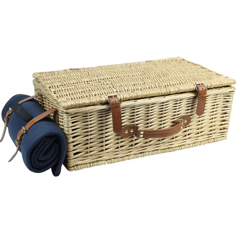 4 Person Natural Wicker Picnic Hamper Basket Deluxe Service Set