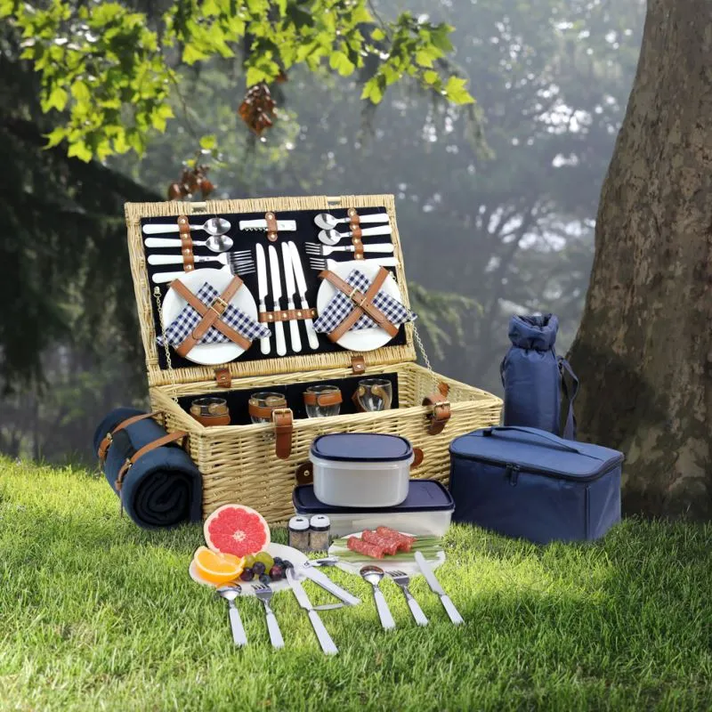 4 Person Natural Wicker Picnic Hamper Basket Deluxe Service Set