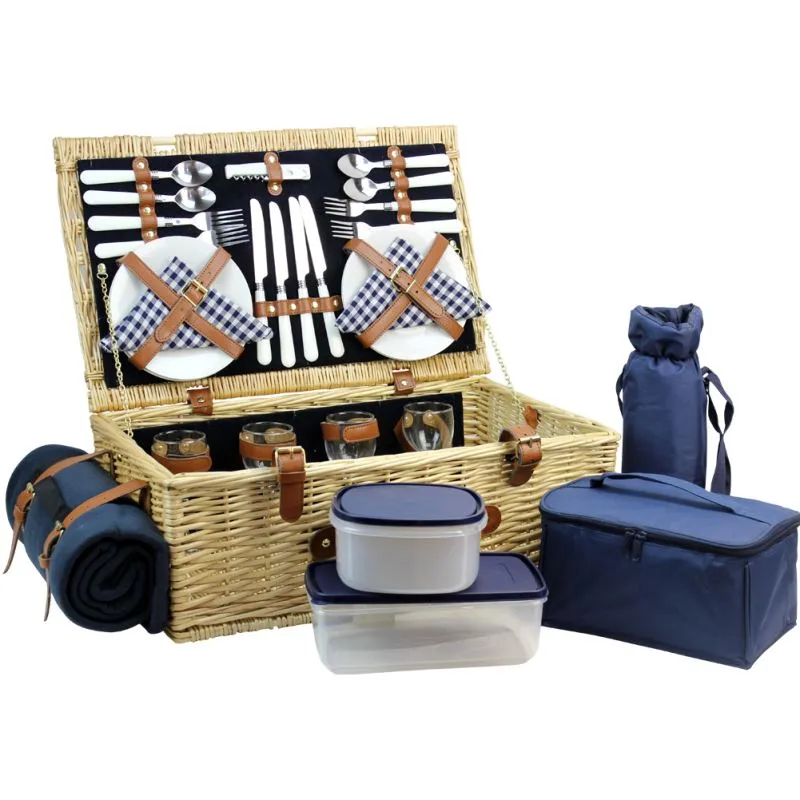4 Person Natural Wicker Picnic Hamper Basket Deluxe Service Set