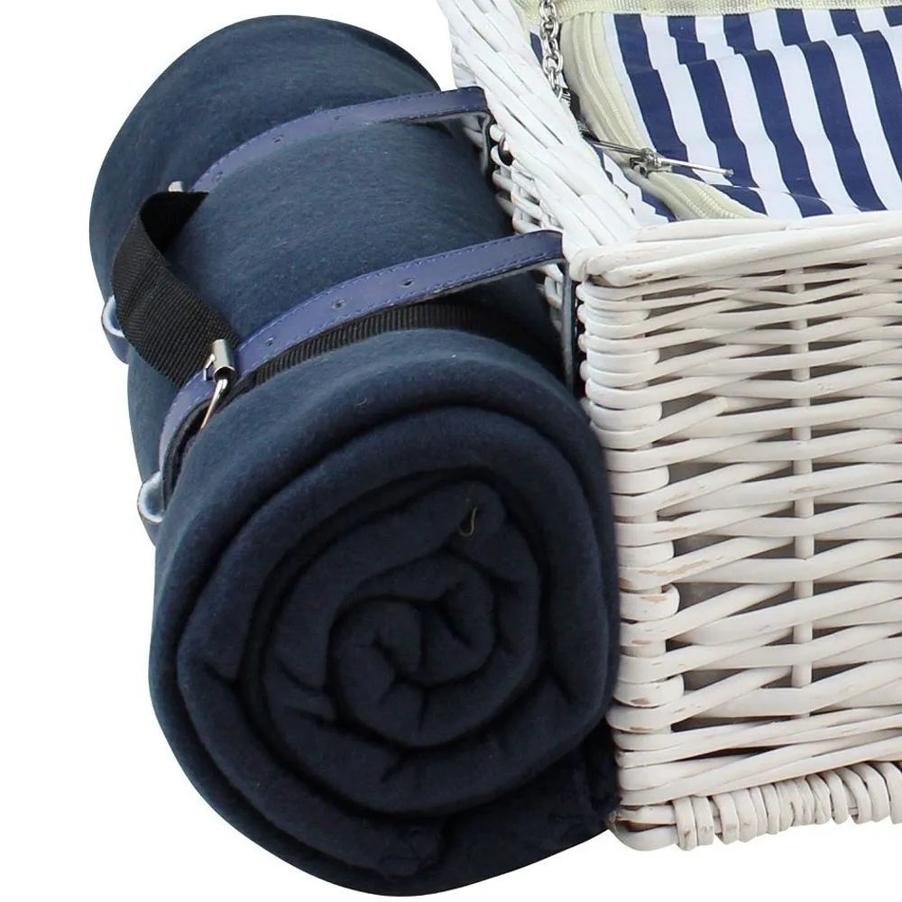 4 Person White Picnic Willow Hamper with Cooler Blue Stripe