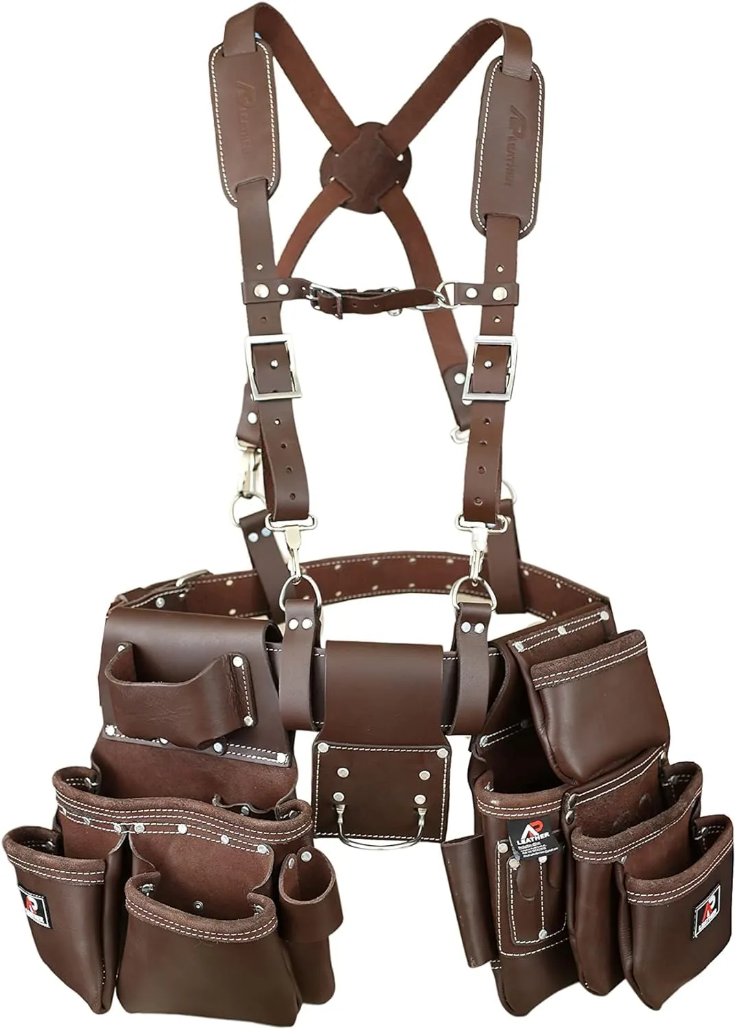 AP-Leather PRO-19 100% Genuine Full Grain Leather Tool Belt/Pouch/Bag, Tool Belt with Suspenders, Comfort Back Support Tool Pouches with Suspenders