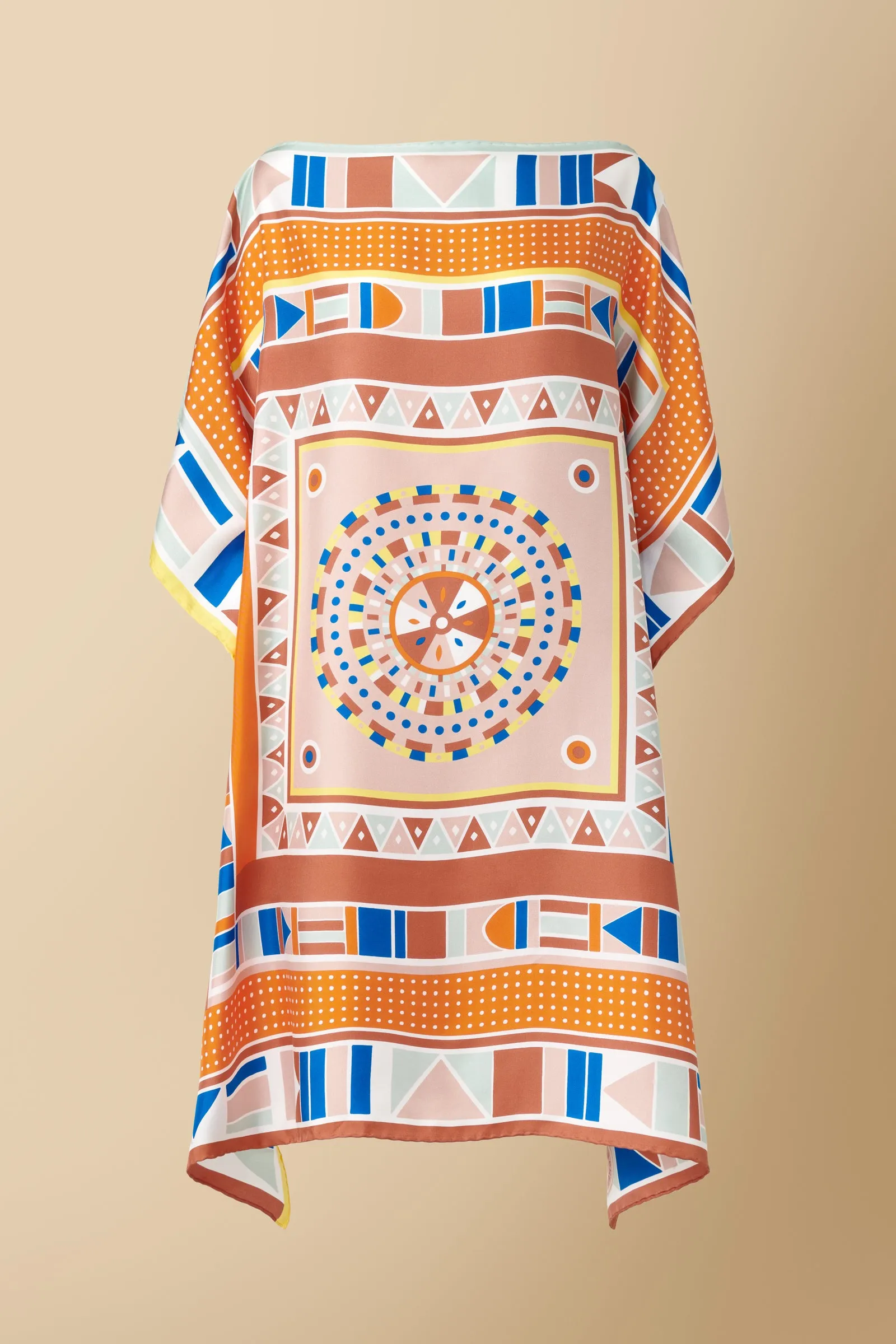 Beadwork Printed Silk Twill Kaftan Dress Coverup