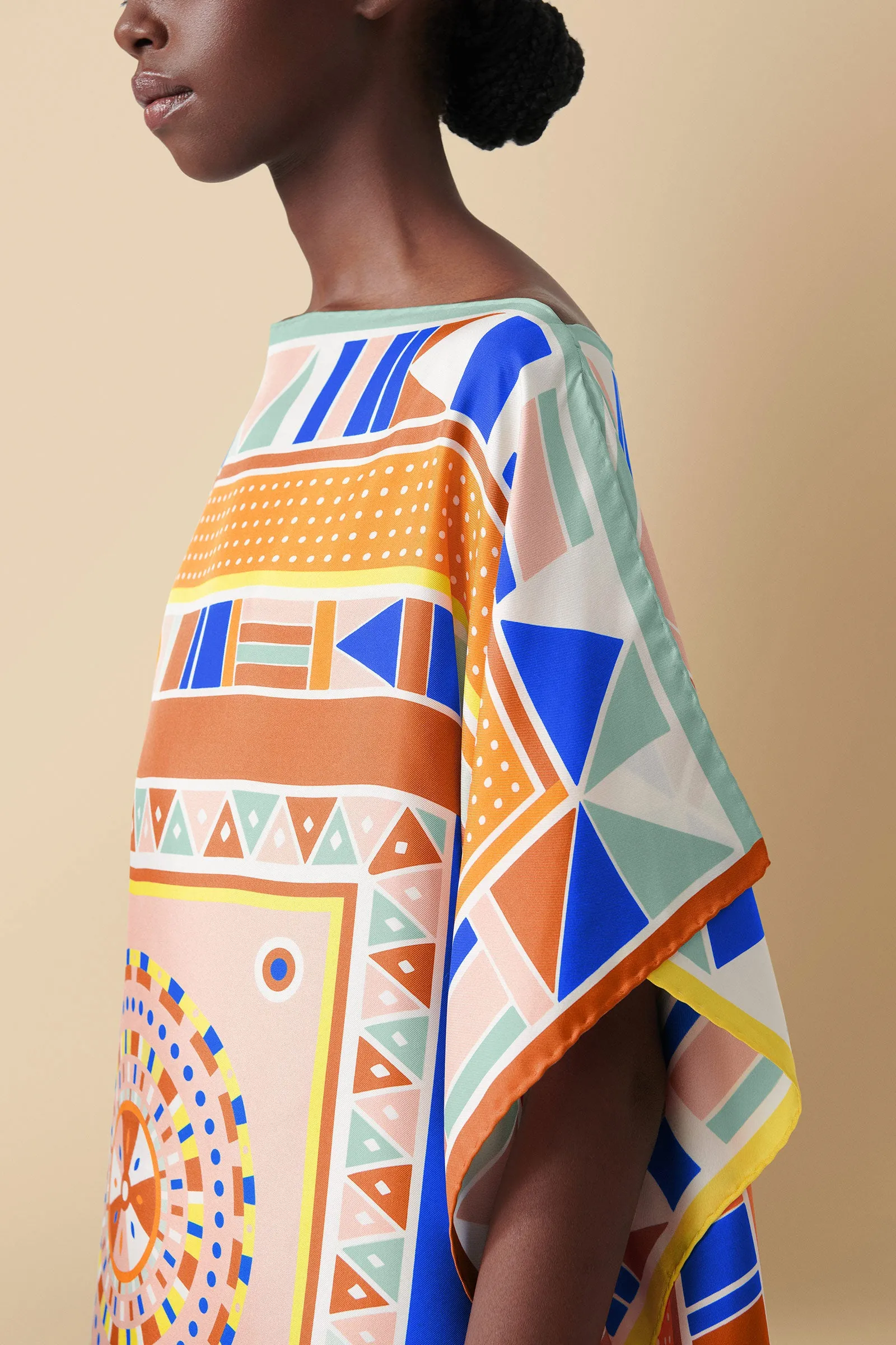 Beadwork Printed Silk Twill Kaftan Dress Coverup