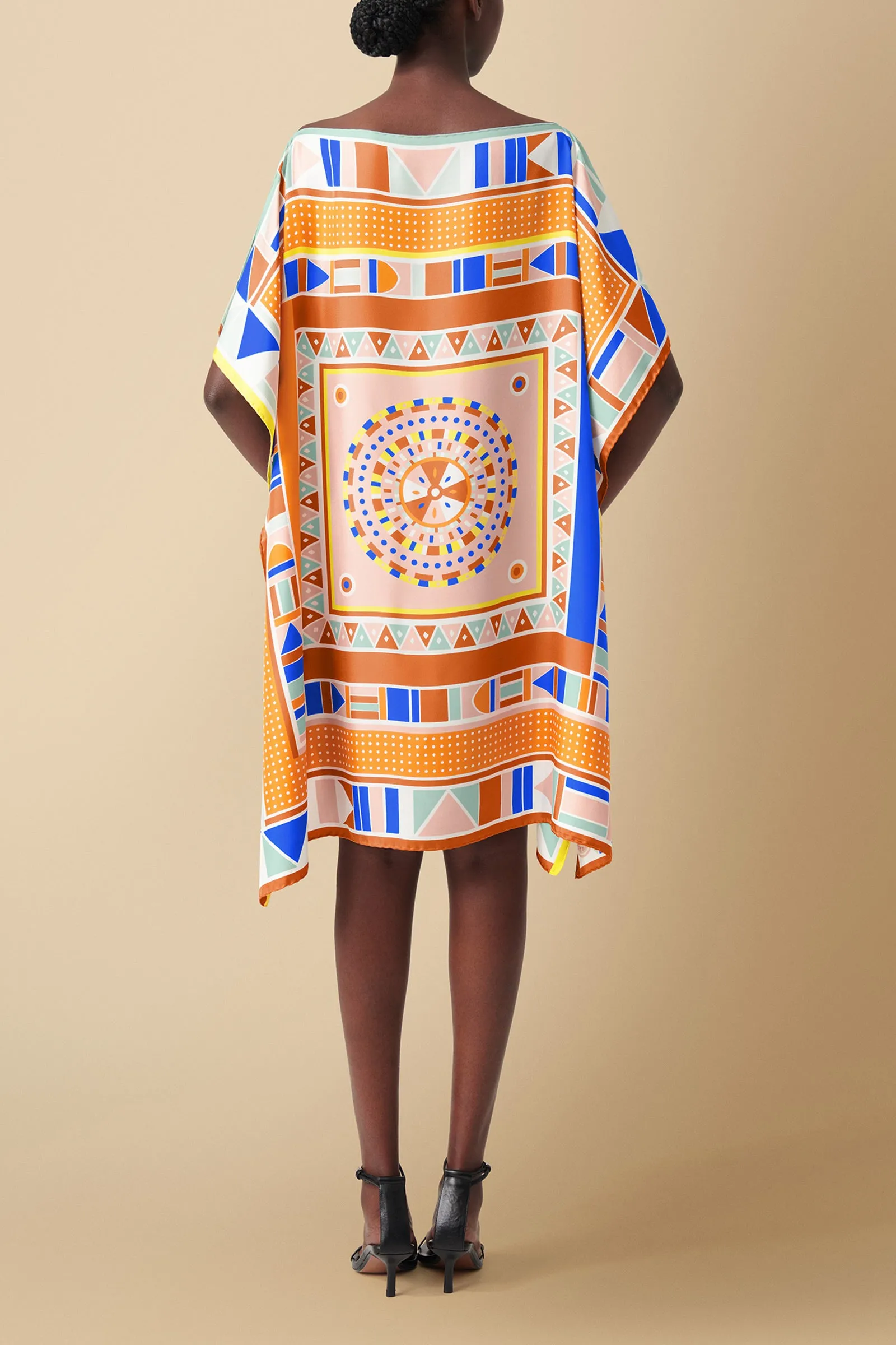 Beadwork Printed Silk Twill Kaftan Dress Coverup