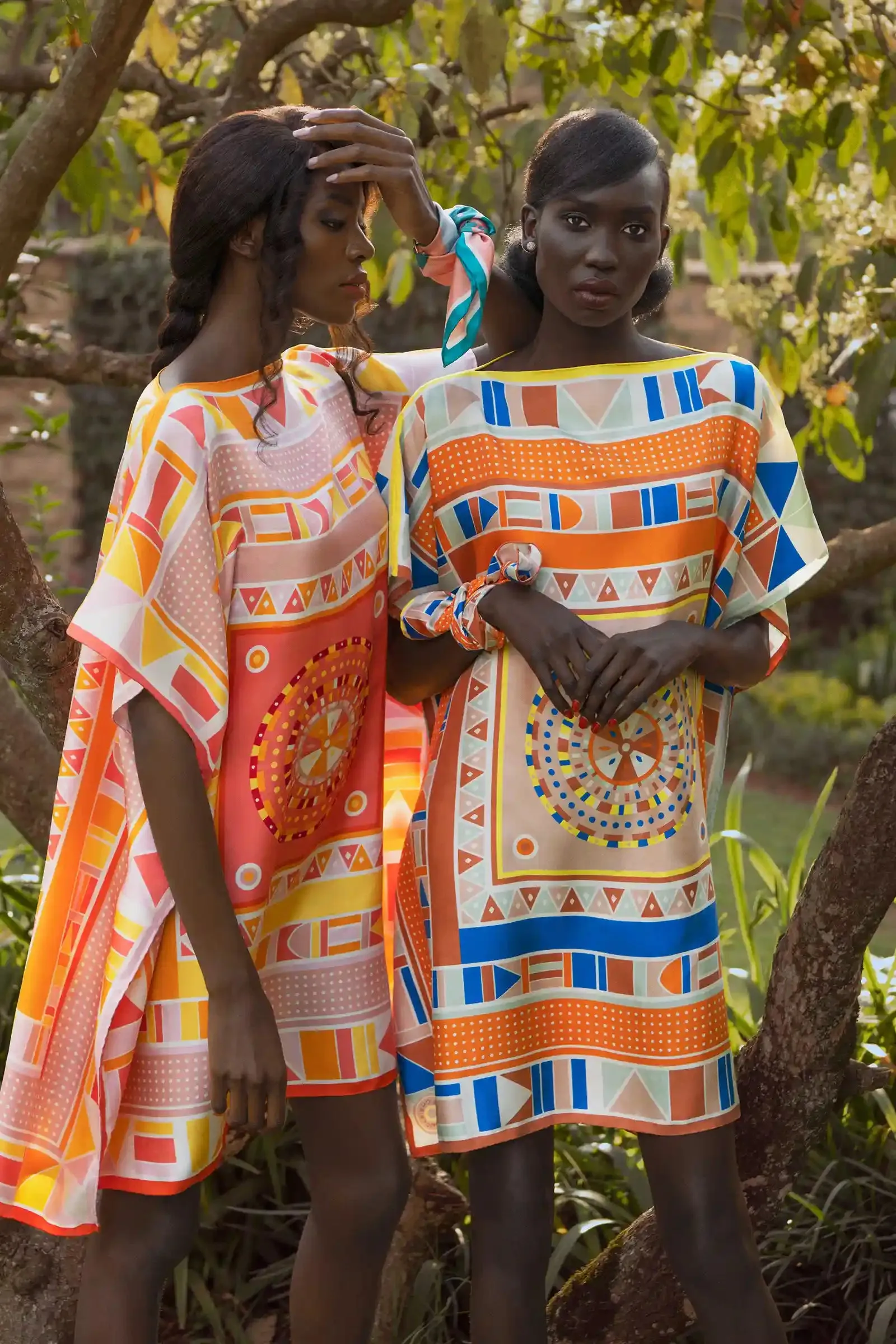 Beadwork Printed Silk Twill Kaftan Dress Coverup