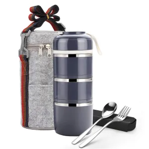 Bento Lunch Box, ArderLive Portable Stainless Steel Insulated Lunch Box with Lunch Bag & Portable utensil, BPA Free Leakproof Food Storage Container.(3Layer, Gray)