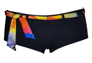 Black lycra bikini short with watercolor flowers belt
