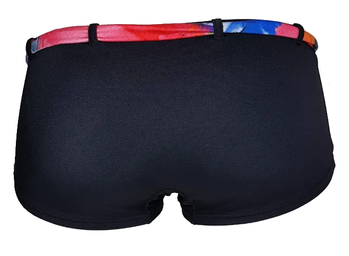Black lycra bikini short with watercolor flowers belt