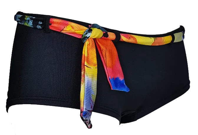 Black lycra bikini short with watercolor flowers belt
