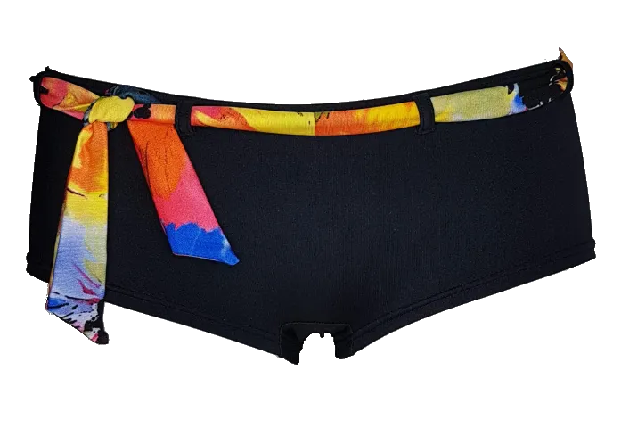 Black lycra bikini short with watercolor flowers belt