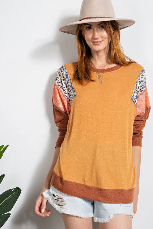 Boho Raglan Floral Mix Long Sleeve in rust * on sale *