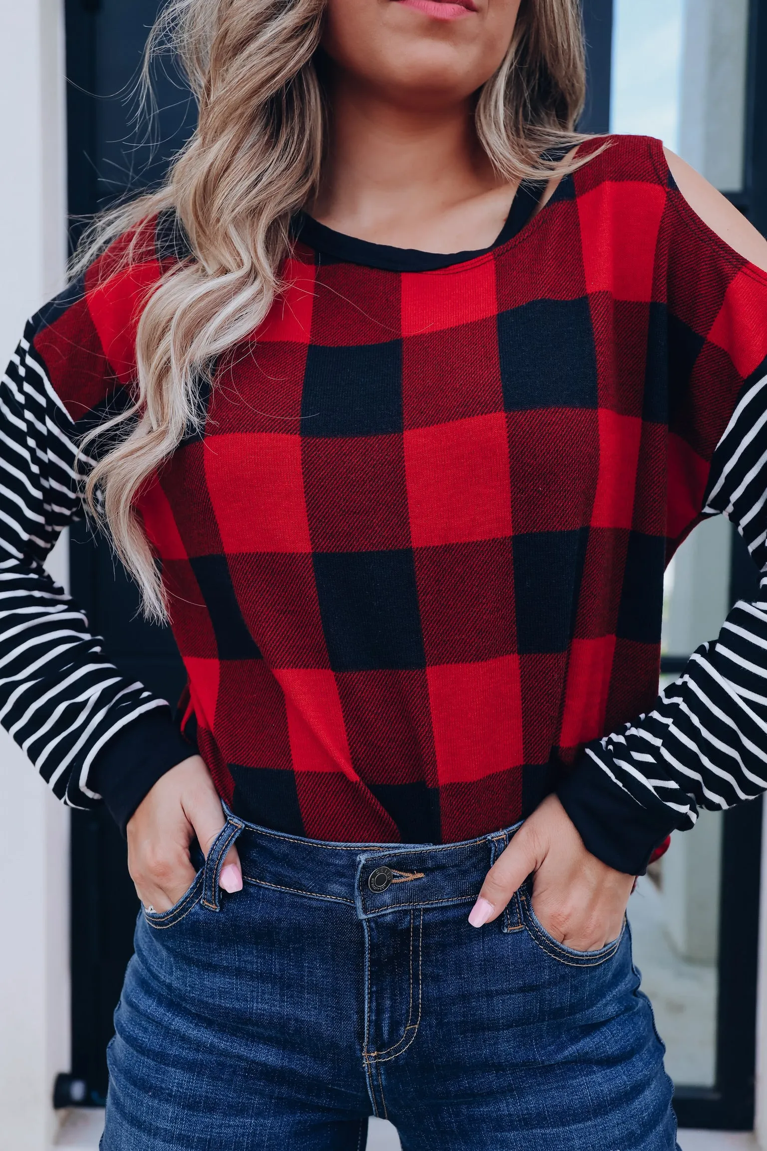 Clara Cut Out Buffalo Plaid Top- Red