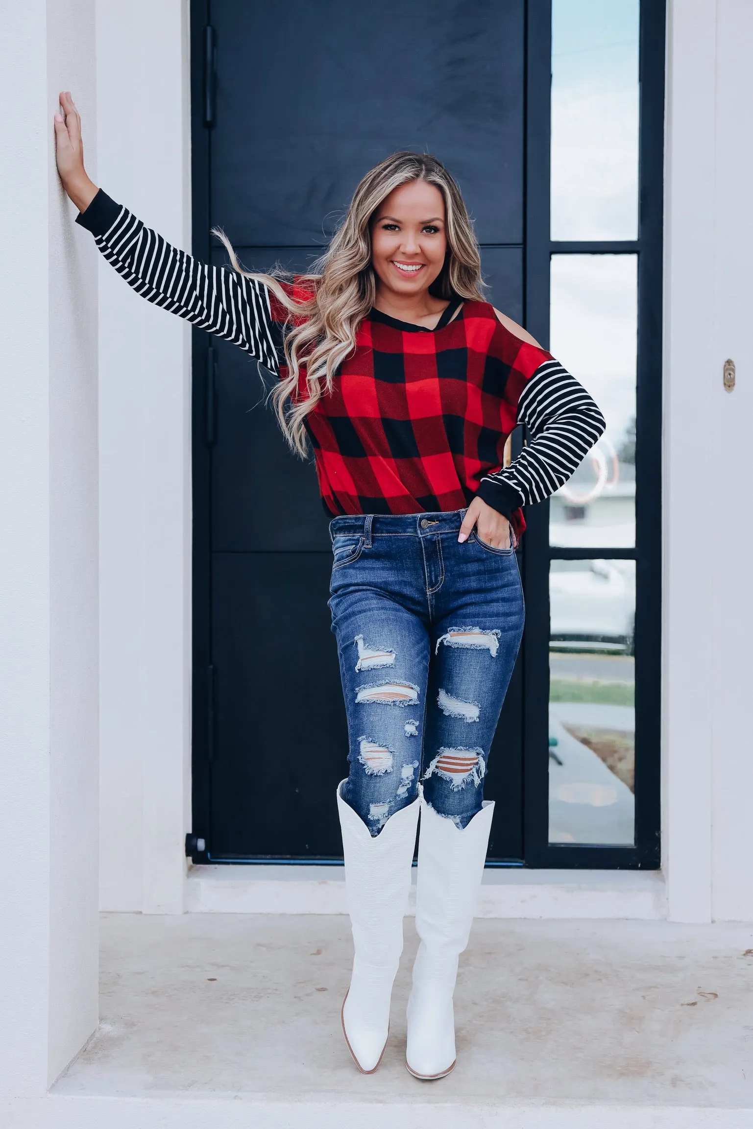 Clara Cut Out Buffalo Plaid Top- Red