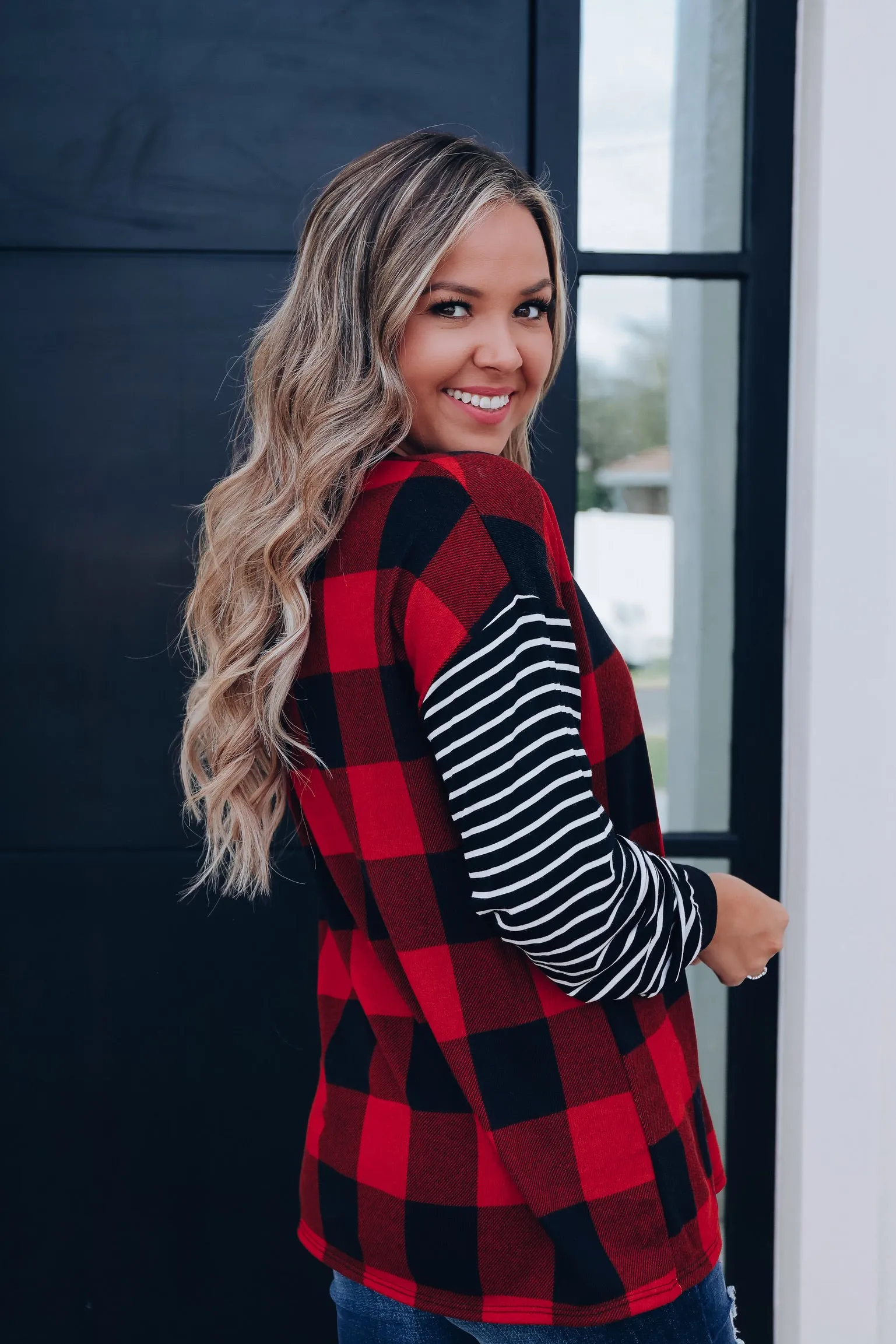 Clara Cut Out Buffalo Plaid Top- Red