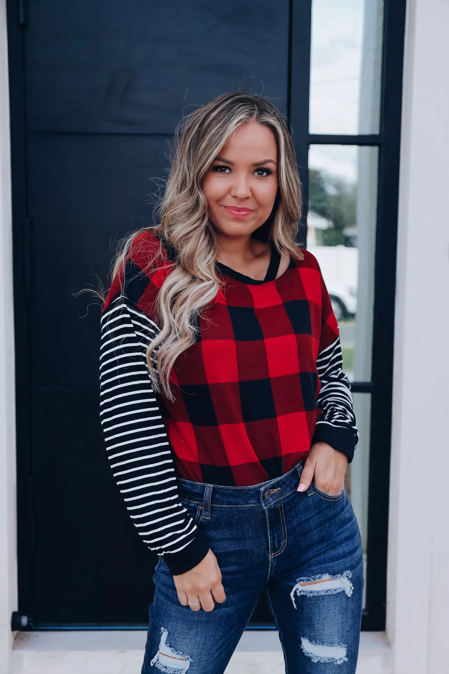Clara Cut Out Buffalo Plaid Top- Red