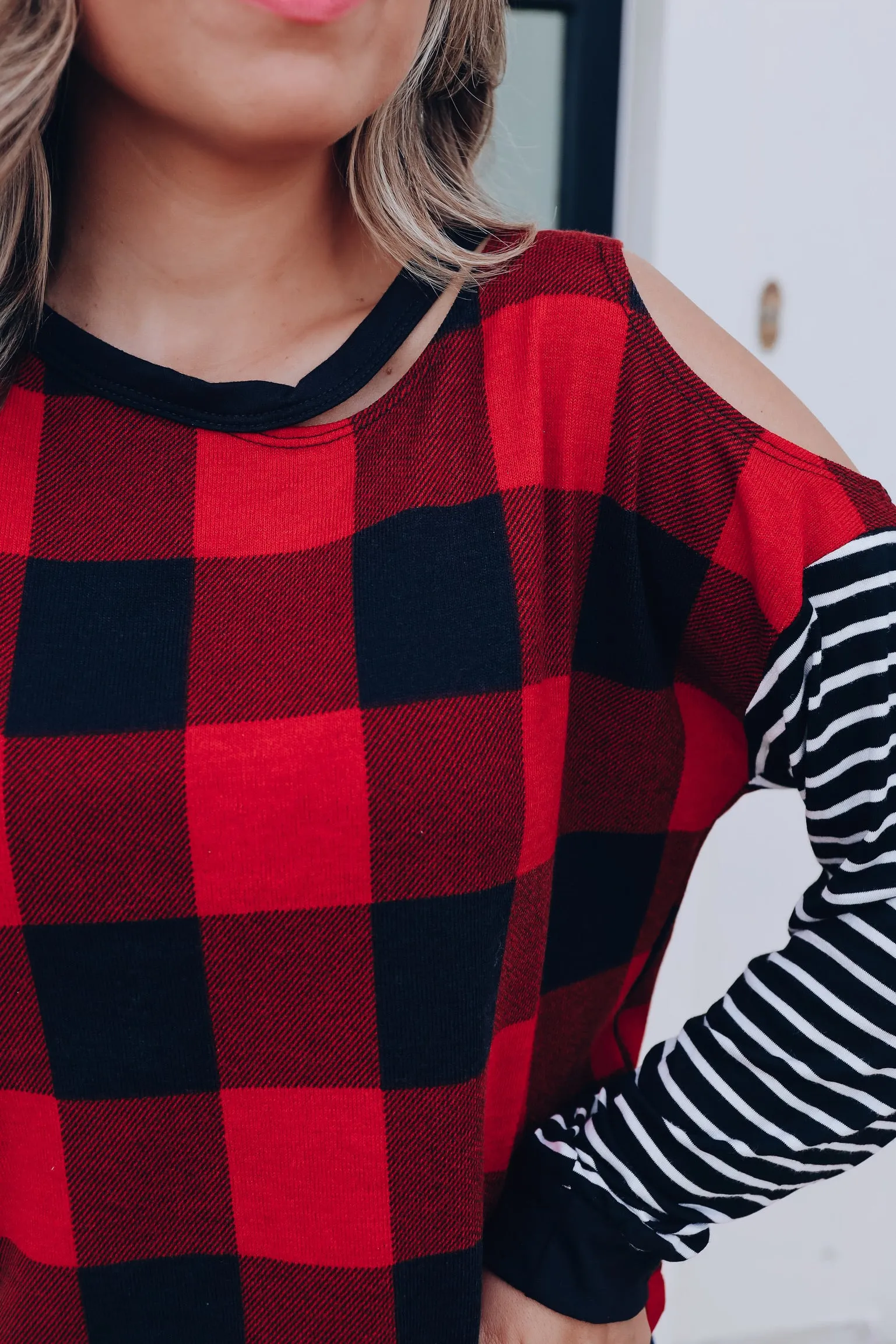 Clara Cut Out Buffalo Plaid Top- Red