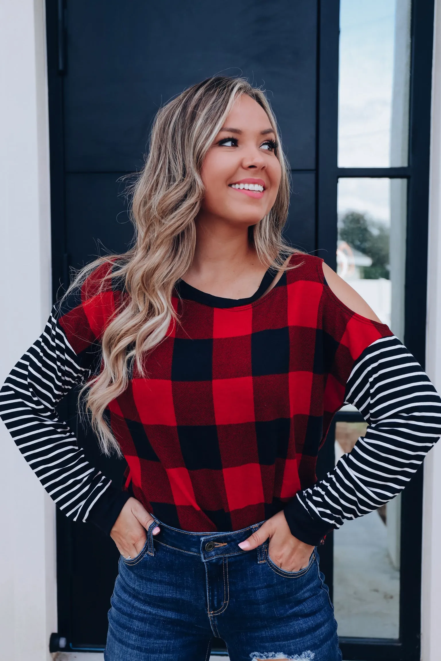 Clara Cut Out Buffalo Plaid Top- Red