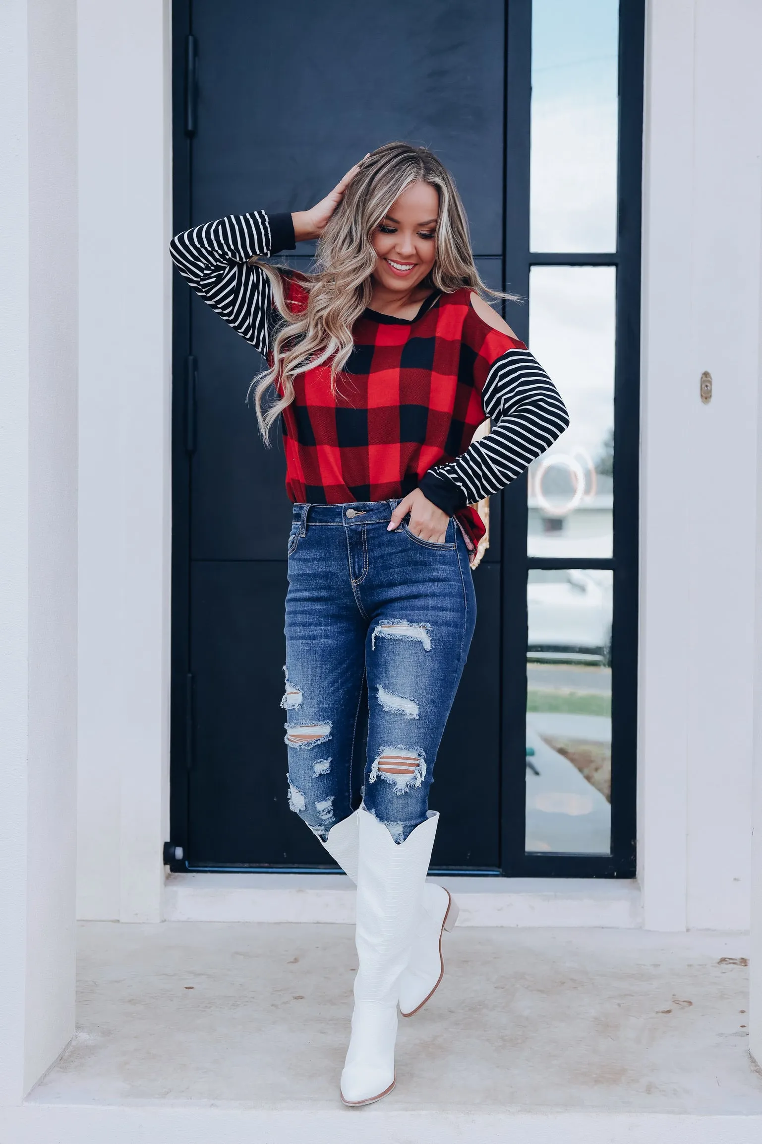 Clara Cut Out Buffalo Plaid Top- Red