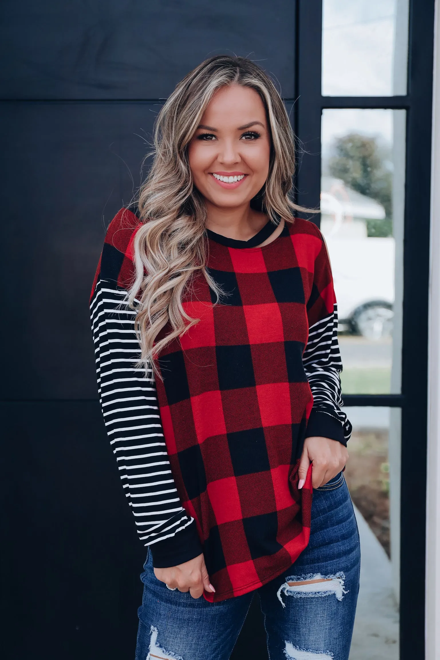 Clara Cut Out Buffalo Plaid Top- Red