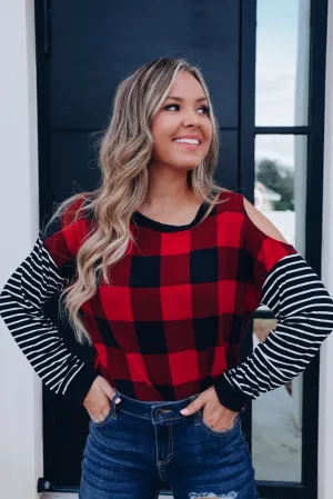Clara Cut Out Buffalo Plaid Top- Red
