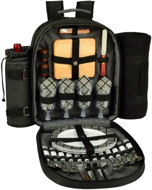 (D) Four Person Picnic Backpack Bag, Full Equipment Set with Blanket Charcoal