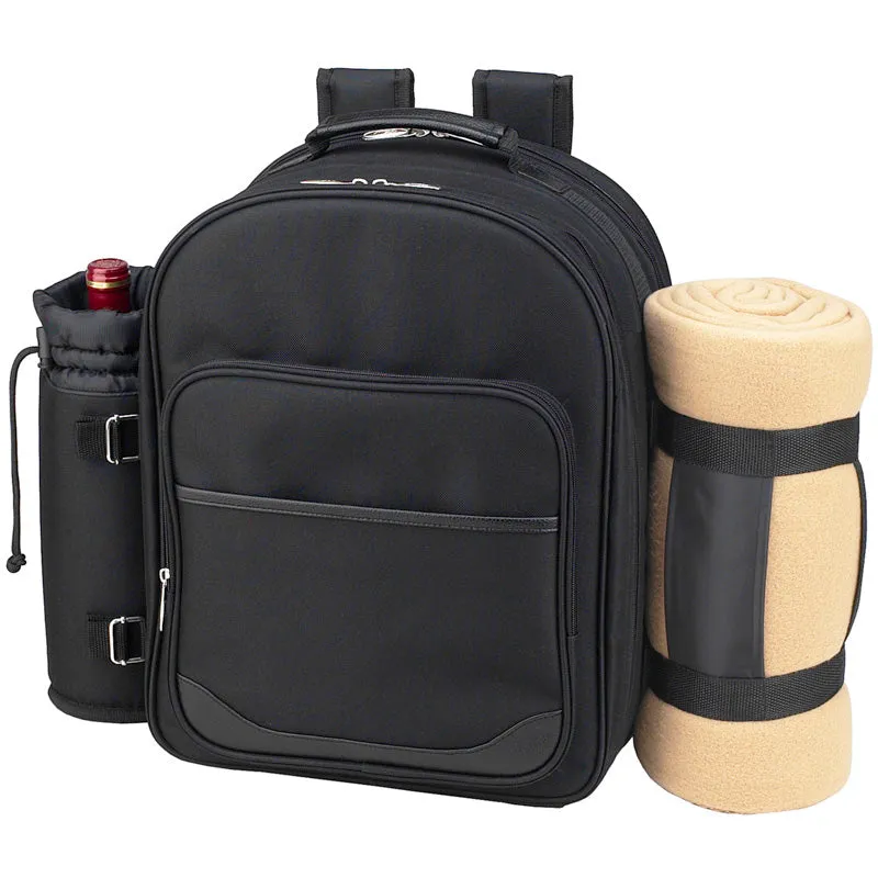 (D) Four Person Picnic Backpack Bag, Full Equipment Set with Blanket (London)
