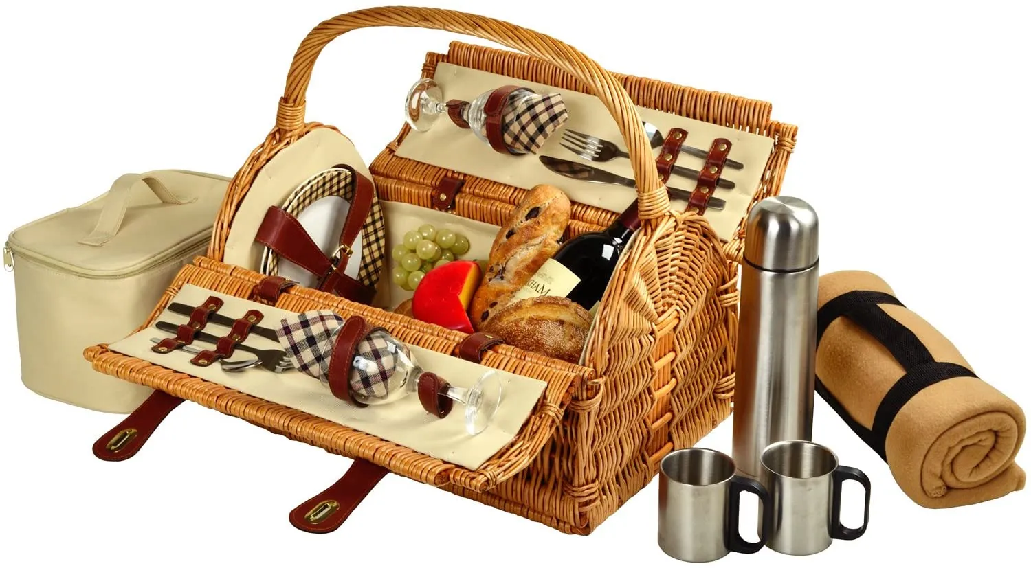 (D) Susy Picnic Basket for 2 with Blanket and Coffee Set for Outdoor (Brown)