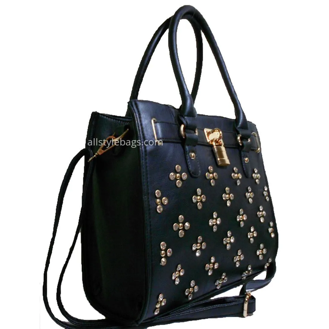 Designer Inspired black LOEM lock Rhinestone Stud Shoulder bag handbag Tote