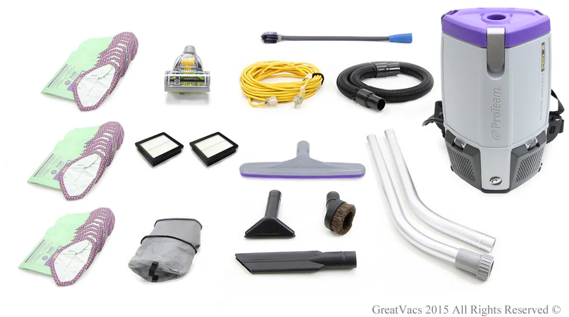 Fully Loaded Proteam Super Coach Pro 6 QT Quart Commercial Backpack Vacuum Cleaner