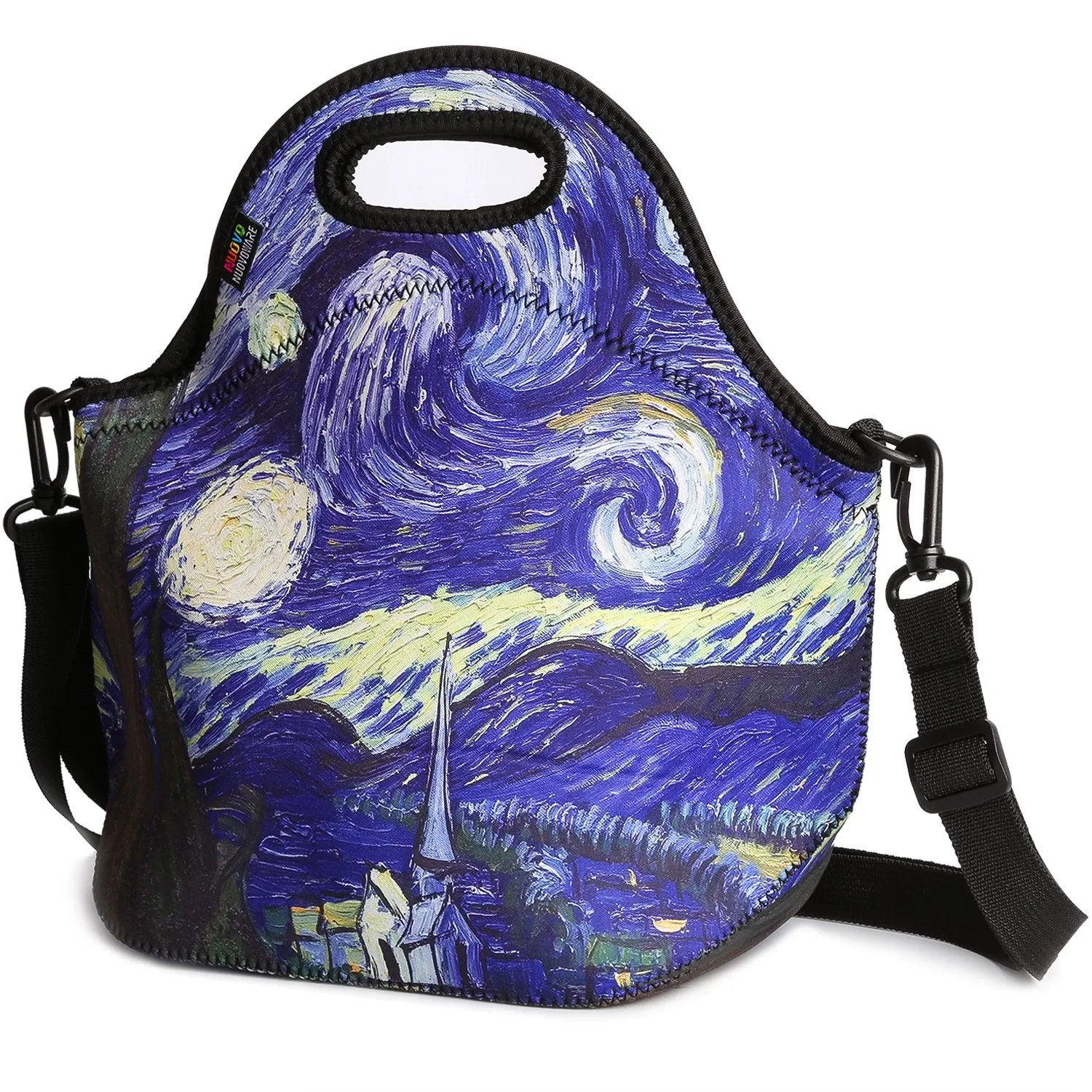 Insulated Lunch Bag, Nuovoware Neoprene Lunch Tote Reusable Picnic Bag Soft Thermal Cooler Tote Multi-purpose Grocery Container with Adjustable Crossbody Strap, Zip Closure, Starry Night