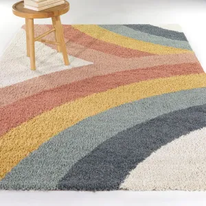 Kids Rainbow Shag Area Rug 5'3" X 7' Cream Orange Pink Novelty