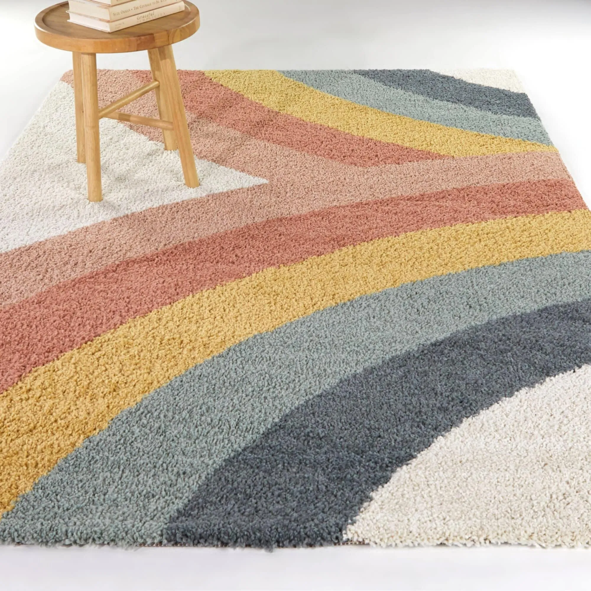 Kids Rainbow Shag Area Rug 5'3" X 7' Cream Orange Pink Novelty
