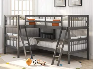 L-Shaped Bunk Bed Twin Over Twin, Quad Bunk Bed with Angle ladder and Security Guardrail, Twin size Bunk Beds Compatible with 4, Wooden Corner Bunk Beds Compatible with 0, Teens, Adults, No Box Spring