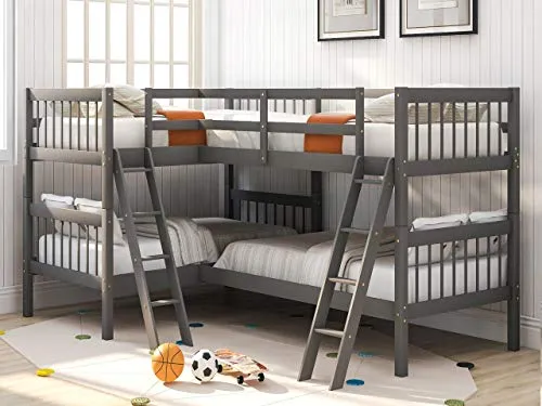 L-Shaped Bunk Bed Twin Over Twin, Quad Bunk Bed with Angle ladder and Security Guardrail, Twin size Bunk Beds Compatible with 4, Wooden Corner Bunk Beds Compatible with 0, Teens, Adults, No Box Spring