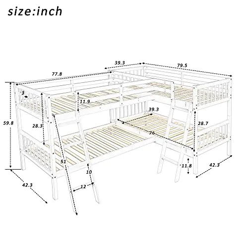 L-Shaped Bunk Bed Twin Over Twin, Quad Bunk Bed with Angle ladder and Security Guardrail, Twin size Bunk Beds Compatible with 4, Wooden Corner Bunk Beds Compatible with 0, Teens, Adults, No Box Spring