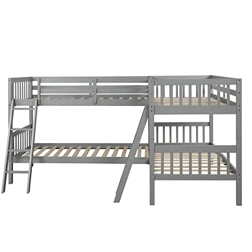 L-Shaped Bunk Bed Twin Over Twin, Quad Bunk Bed with Angle ladder and Security Guardrail, Twin size Bunk Beds Compatible with 4, Wooden Corner Bunk Beds Compatible with 0, Teens, Adults, No Box Spring