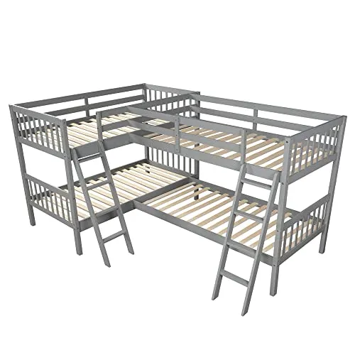 L-Shaped Bunk Bed Twin Over Twin, Quad Bunk Bed with Angle ladder and Security Guardrail, Twin size Bunk Beds Compatible with 4, Wooden Corner Bunk Beds Compatible with 0, Teens, Adults, No Box Spring