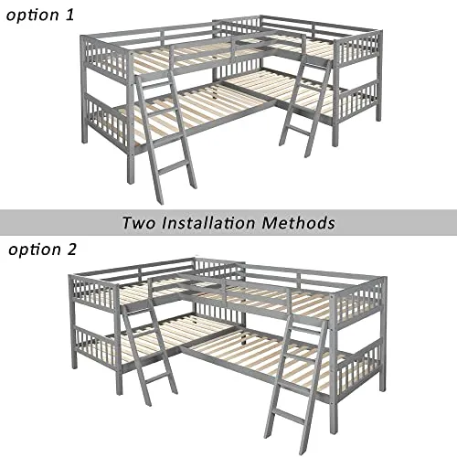 L-Shaped Bunk Bed Twin Over Twin, Quad Bunk Bed with Angle ladder and Security Guardrail, Twin size Bunk Beds Compatible with 4, Wooden Corner Bunk Beds Compatible with 0, Teens, Adults, No Box Spring