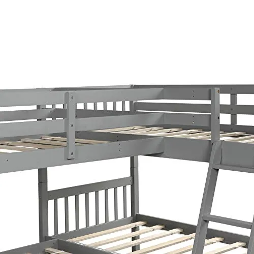 L-Shaped Bunk Bed Twin Over Twin, Quad Bunk Bed with Angle ladder and Security Guardrail, Twin size Bunk Beds Compatible with 4, Wooden Corner Bunk Beds Compatible with 0, Teens, Adults, No Box Spring