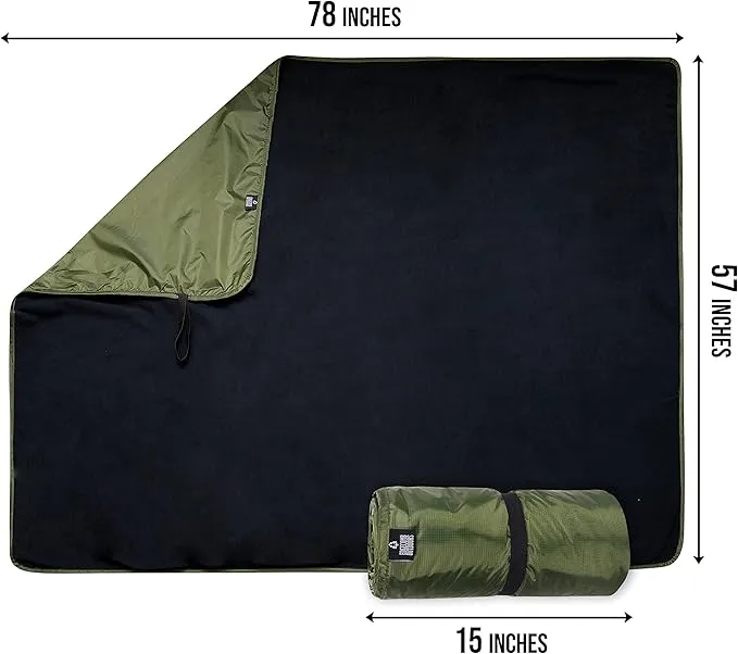 Large Waterproof Outdoor Camping Blanket by Edgecomb, Lightweight Picnic Blanket for Cold Weather, Stadium, Camp, Insulated Windproof, Ripstop Nylon with Waterproof Storage Bag, Micro Fleece (Green)