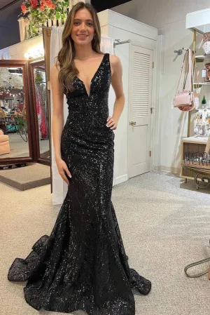 Mermaid V Neck Black Sequins Prom Dresses