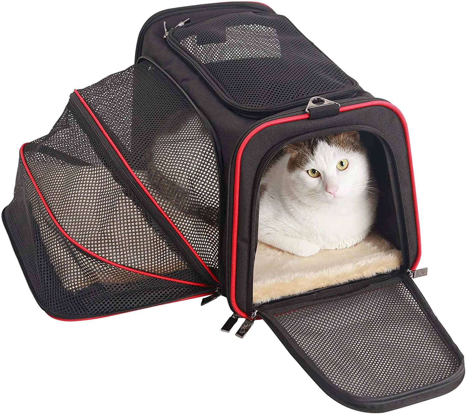 NEW Petsfit Expandable Portable Soft Sided Pet Carrier,Airline Approved, Washable with Removable Soft Plush mat and Pockets,Locking Safety Zippers! Sz L!