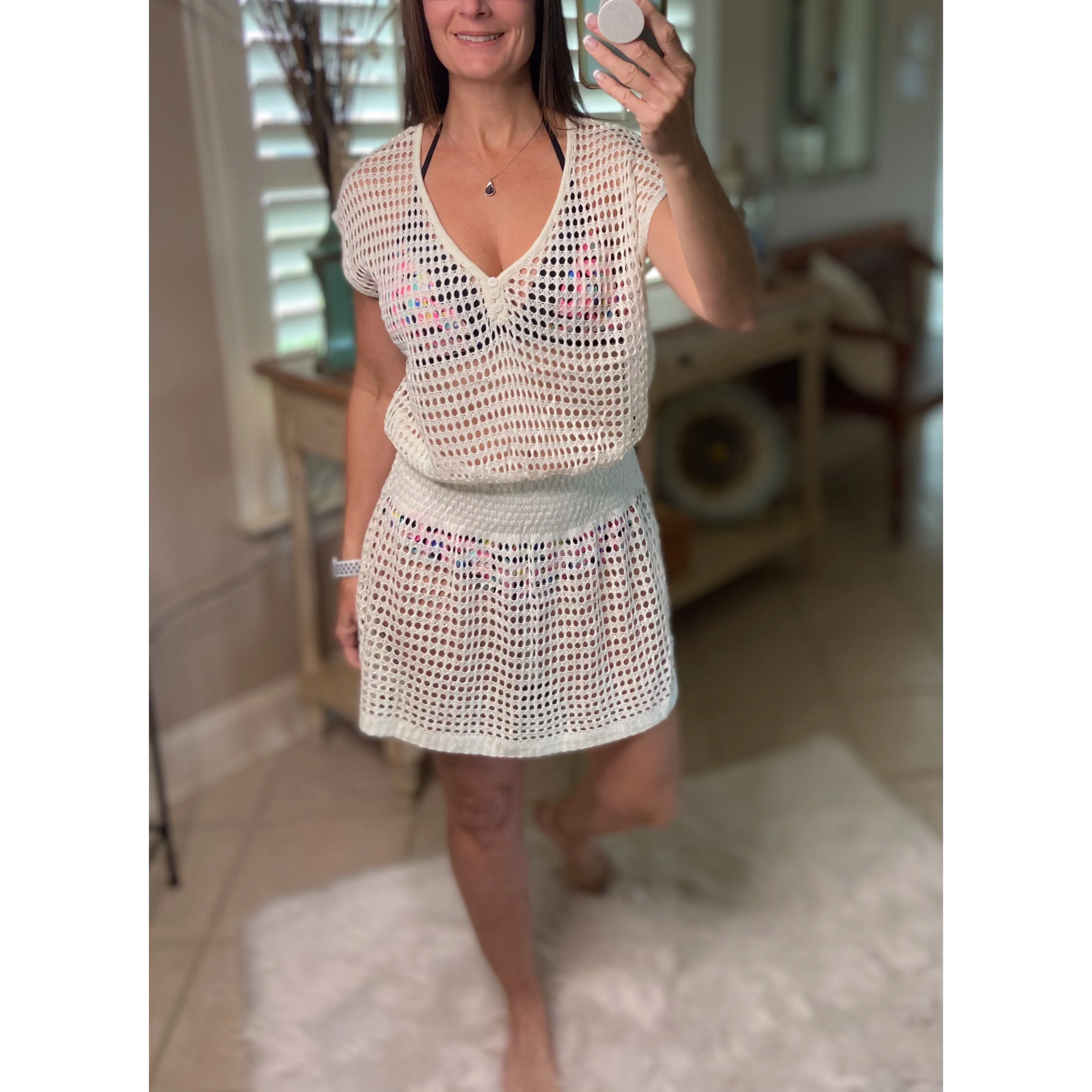 “Ocean Eyes” Crochet Mesh V Neck Mini Beach Swimsuit Cover Up Beach Pool White One Size