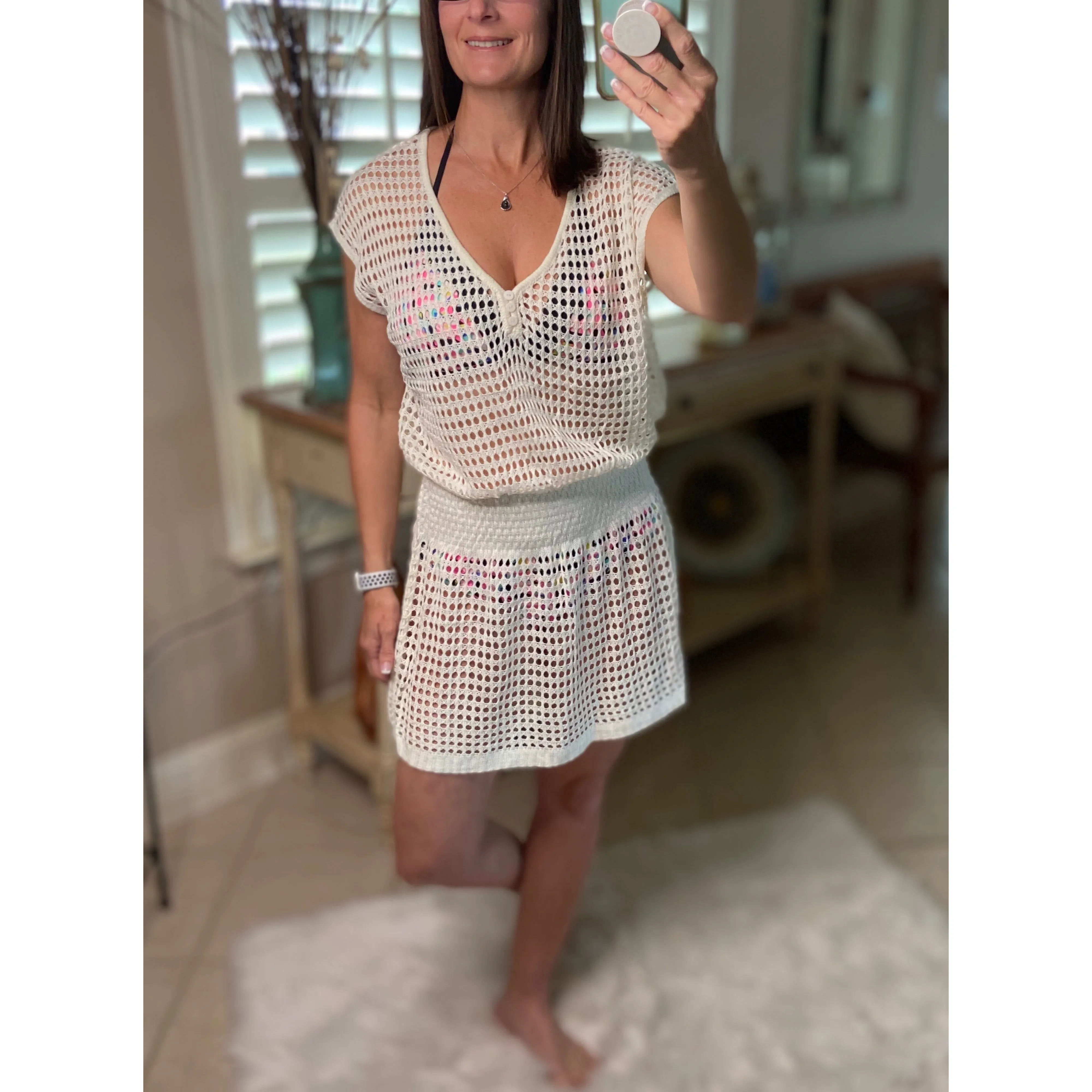 “Ocean Eyes” Crochet Mesh V Neck Mini Beach Swimsuit Cover Up Beach Pool White One Size