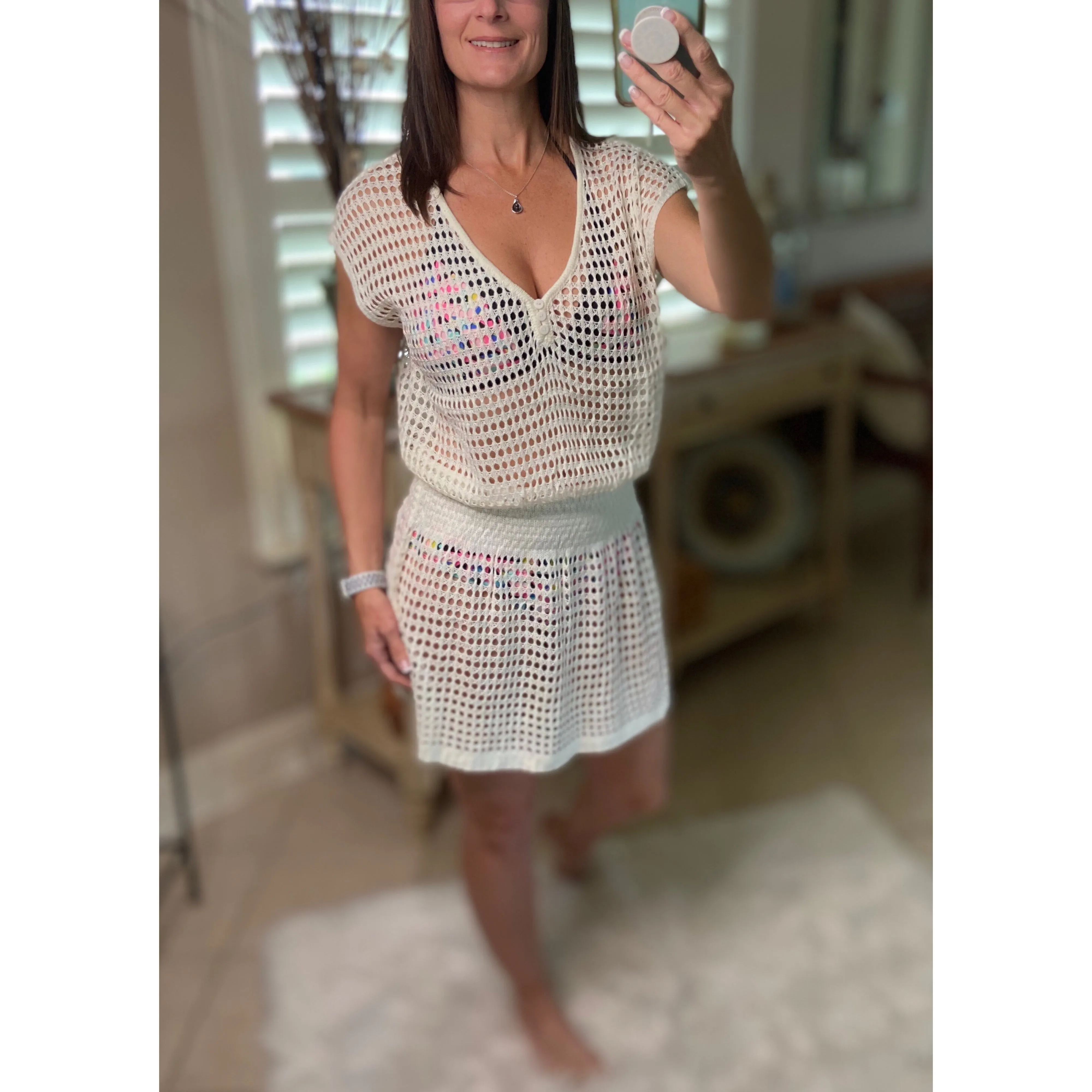 “Ocean Eyes” Crochet Mesh V Neck Mini Beach Swimsuit Cover Up Beach Pool White One Size