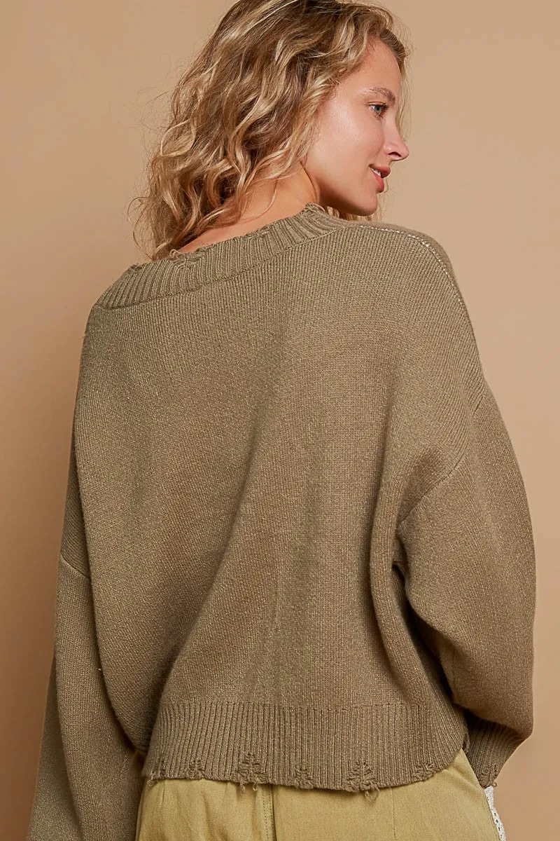 Olive White Round Neck Long Sleeve Peace Sign POL Sweater 9/3/24 8823