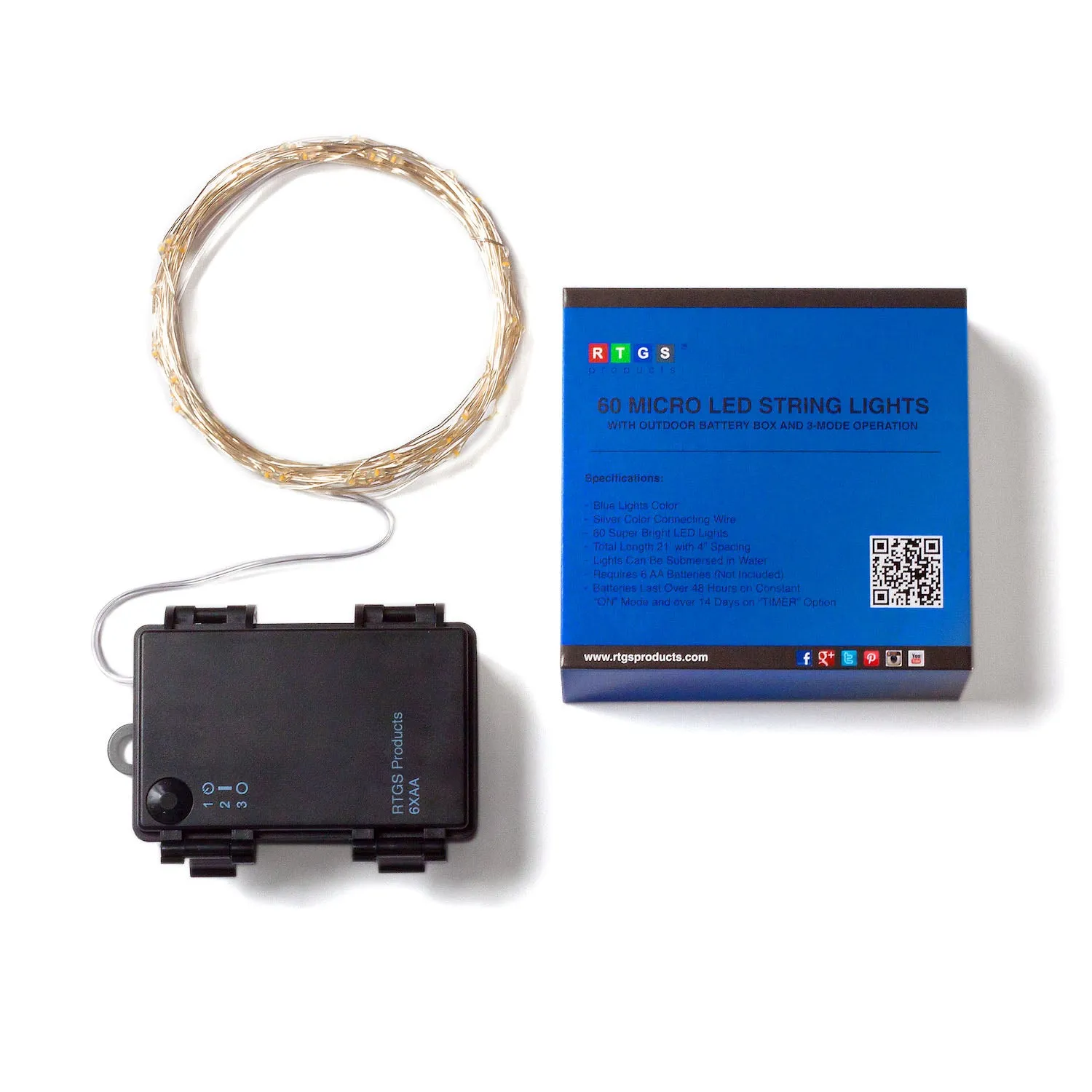 RTGS 60 Blue Color LED String Lights Batteries Operated on 20 Feet Long Silver Color Wire with Black Waterproof Batteries Box and Timer