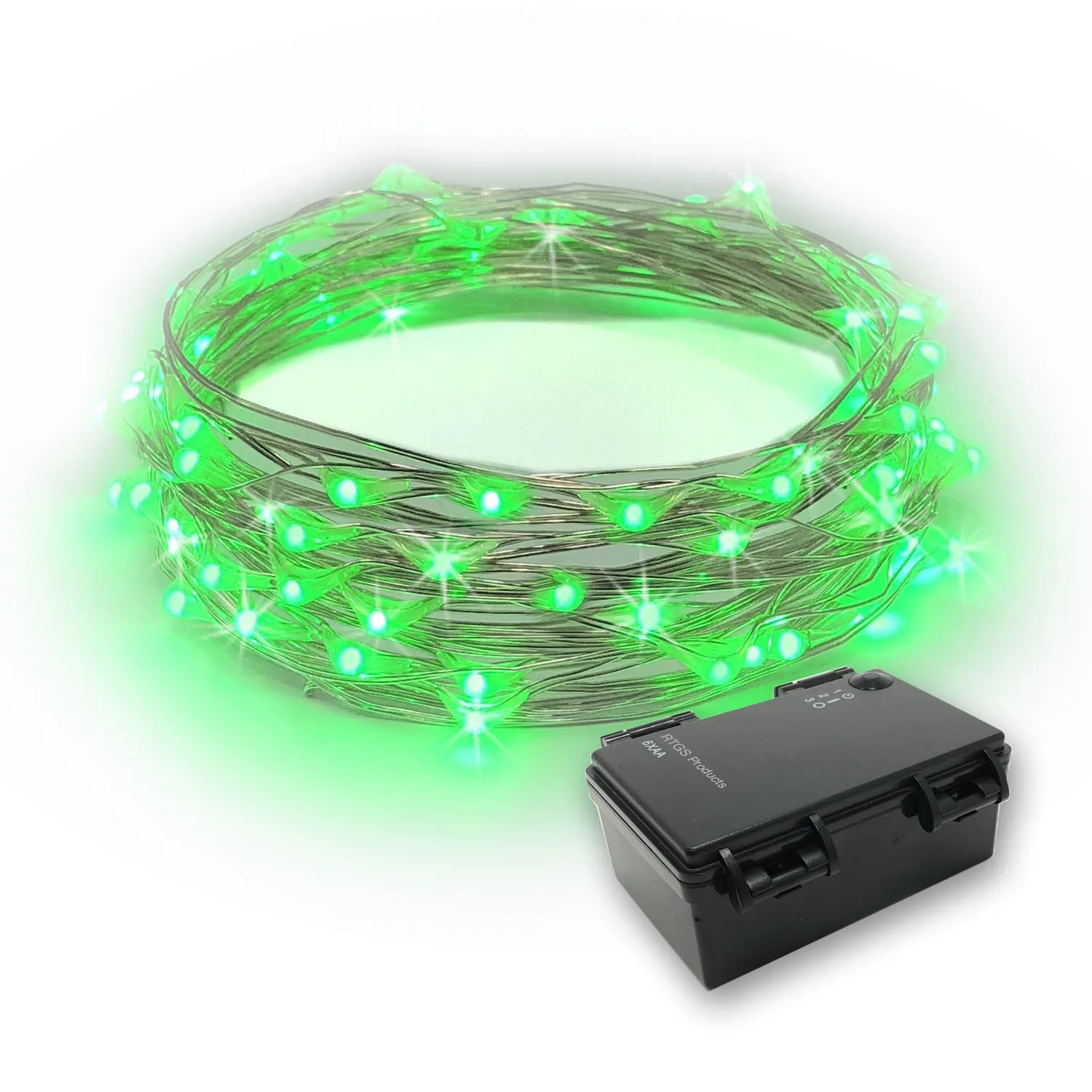 RTGS 60 Green Color LED String Lights Batteries Operated on 20 Feet Long Silver Color Wire with Black Waterproof Batteries Box and Timer