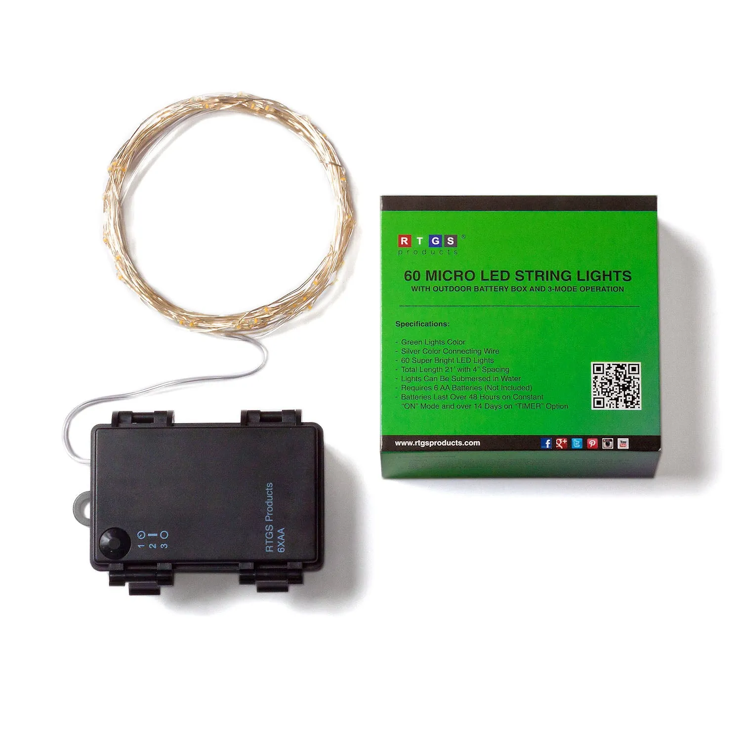 RTGS 60 Green Color LED String Lights Batteries Operated on 20 Feet Long Silver Color Wire with Black Waterproof Batteries Box and Timer